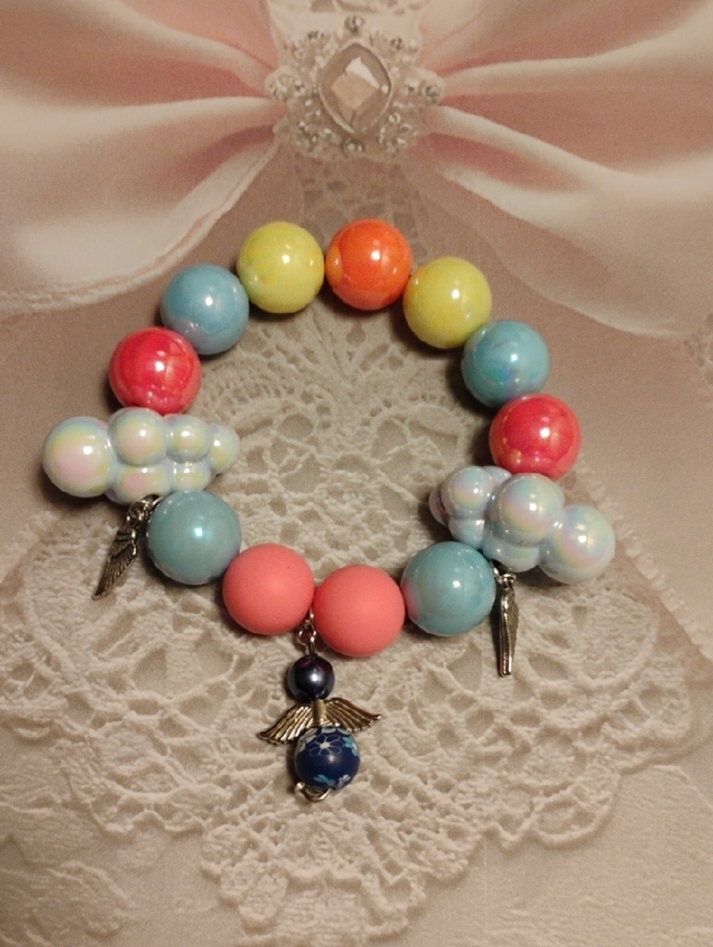Colorful Beaded Stretch Bracelet with Angel Charm